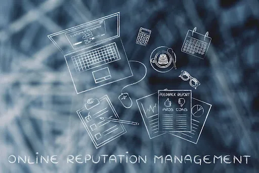 Illustration of a laptop, documents, coffee cup, glasses, calculator, and calendar with "Online Reputation Management" text.