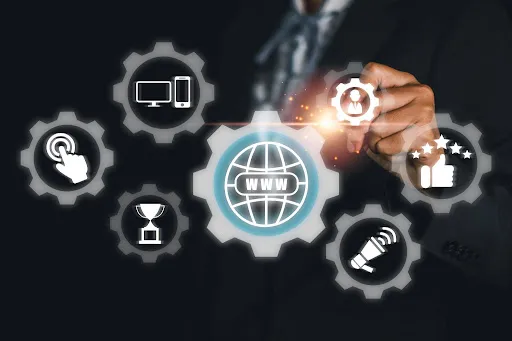 Businessperson interacting with digital icons representing internet, technology, and communication concepts.