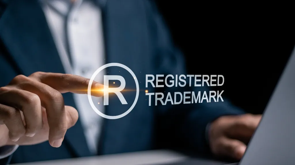 Person in dark suit pointing at glowing registered trademark symbol with laptop in background.