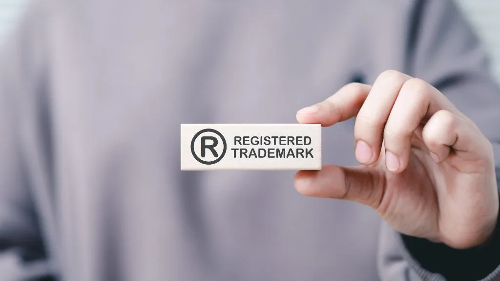 Hand holding a small rectangular block with registered trademark symbol and text.